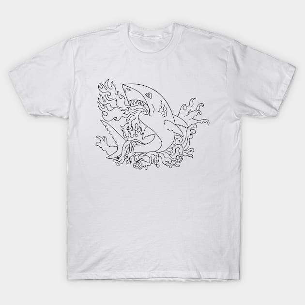 Shark Breathing Fire Jumping Up with Waves Vintage Tattoo Style Black and White T-Shirt by patrimonio